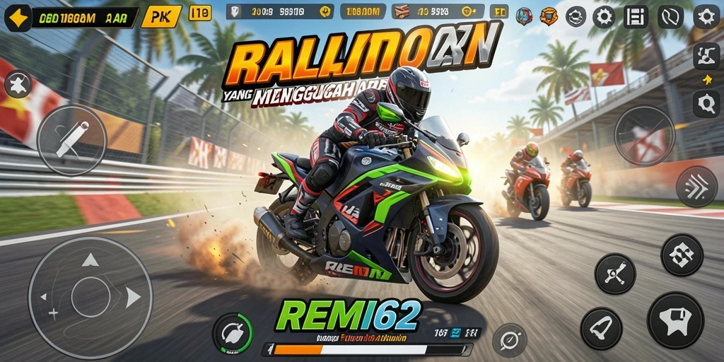 Tampilan gameplay <strong>REMI62</strong> yang mendebarkan saat balapan motor.