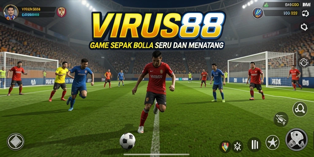 Screenshot gameplay dari VIRUS88 menampilkan aksi sepak bola yang intens.